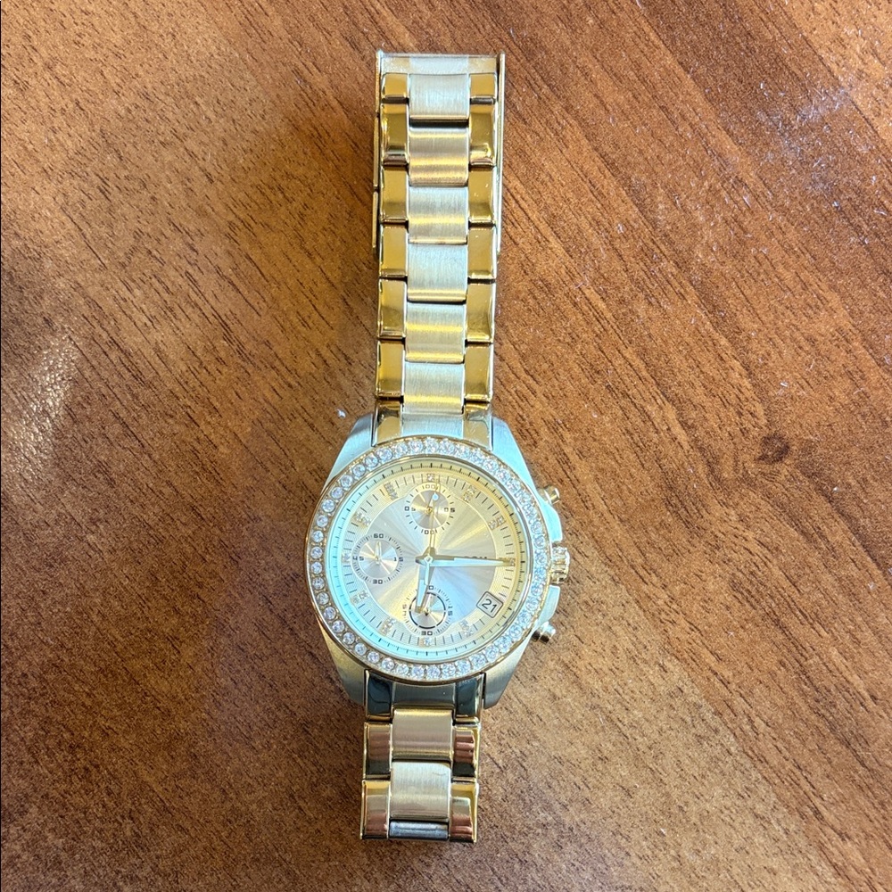 Gold Fossil Watch with Crystal Accents